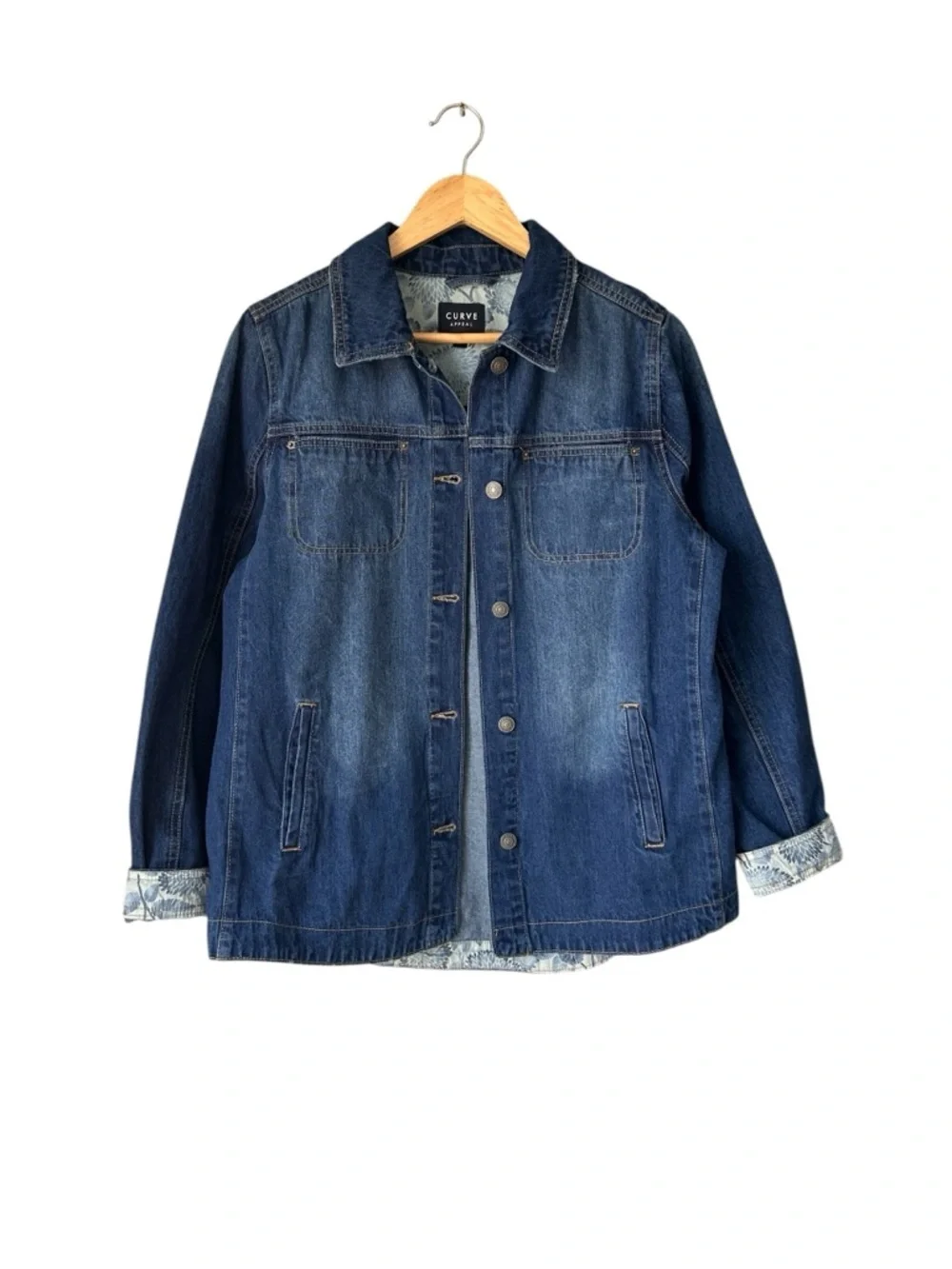 CURVE Button-Front Denim Jacket in Deep Blue Wash, Medium